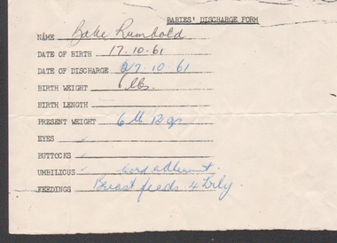 Administrative record - Babies Discharge Form: 1961, 1963