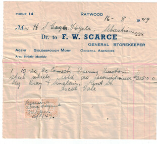 Financial record - Invoice from F.W. Scarce General Storekeeper Raywood, 1949