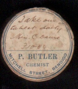 Ephemera - Small round cardboard Pill Box from P. Butler, Mitchell Street, Bendigo