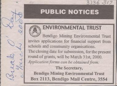 Newspaper - Kangaroo Flat Gold Mine Collection: advertisement for Bendigo Mining Environmental Trust, Bendigo Mining NL, March 2000