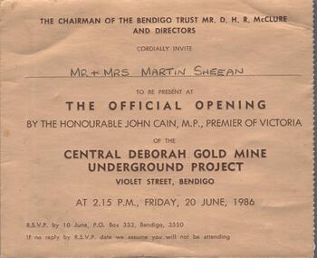 Ephemera - Invitation to official opening of Central Deborah Gold Mine, 20th June, 1986