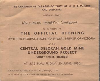 Ephemera - Invitation to official opening of Central Deborah Gold Mine