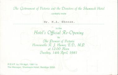 Ephemera - Invitation to Shamrock Hotel Official Re-Opening, 14th April, 1981