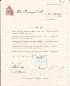 Document - Invitation to  re-opening of the Shamrock Hotel, Bendigo