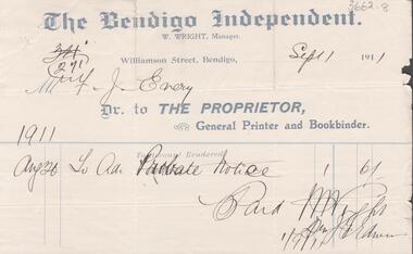 Document - The Bendigo Independent invoice, Bendigo Independent, September 1st, 1911