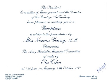 Document - Invitation to a Presentation of Works by Ola Cohn from the Bendigo Art Gallery on behalf of the Amy Huxtable Memorial Committee, 25 Oct 1993