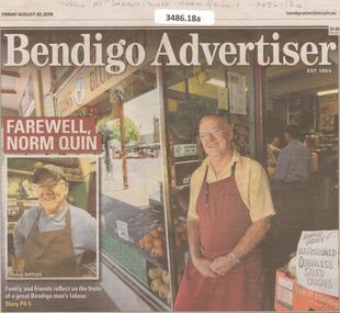 Newspaper - Norm Quinn, Bendigo Advertiser and Bendigo Weekly, August 2019