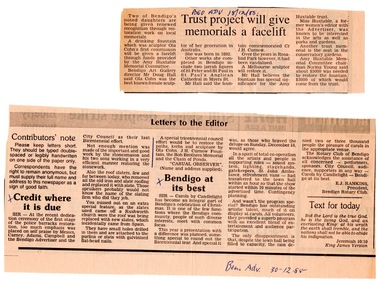 Document - Amy Huxtable Memorial Committee - Newspaper Articles and letters to the Bendigo Art Gallery, 1985 - 1988