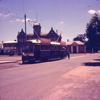 The tram changing direction at the terminus opposite the Eaglehawk Town Hall, post office on the left and mechanics Intitute right.