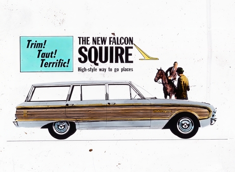 Colour Slide advertising the "New Falcon Squire Car" with two men and  horse in the background