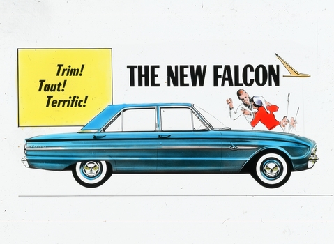 Colour Slide advertising the "New Falcon" with a man driving and the slogan "Trim! Taut! Terrific!" with a man and woman figures