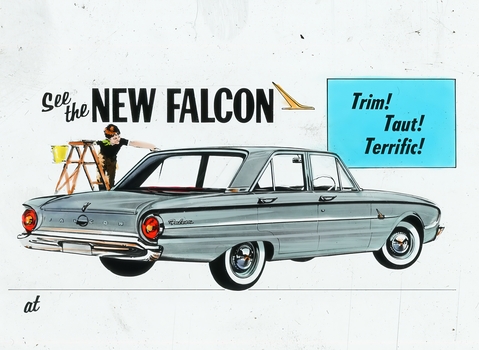 Colour Slide advertising the "New Falcon" with boy on a ladder with a bucket washing the car - and the slogan "Trim! Taut! Terrific"