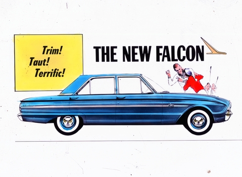 Colour Slide advertising the "New Falcon" with a man driving and the slogan "Trim! Taut! Terrific!" with a man and woman figures