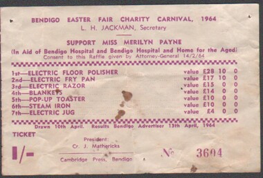 Ephemera - Bendigo Easter Fair Charity Carnival 1964, one shilling raffle ticket