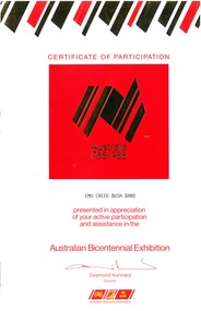 Document - EMU CREEK BUSH BAND COLLECTION: AWARDS AND CERTIFICATES, 1988