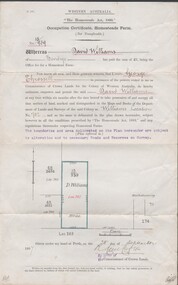 Document - NEVILLE KING COLLECTION: OCCUPATION CERTIFICATE HOMESTEAD FARM NO. 15/939 IN THE NAME OF DAVID WILLIAMS AT A COST OF ONE POUND, DATED 25 SEPTEMBER 1897, 1897