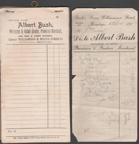 Ephemera - BUSH COLLECTION: INVOICES FROM ALBERT BUSH' STORE 1910 AND BLANK INVOICE BOOK, 1910
