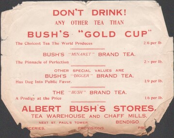 Ephemera - BUSH COLLECTION: ADVERTISEMENT FOR BUSH'S TEA