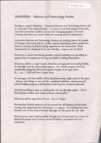 Flyer - HUGH ENNIS COLLECTION: NOTES FOR OPENING OF THE DISCOVERY CENTRE - SCIENCE AND TECHNOLOGY CENTRE, 31/10/1995