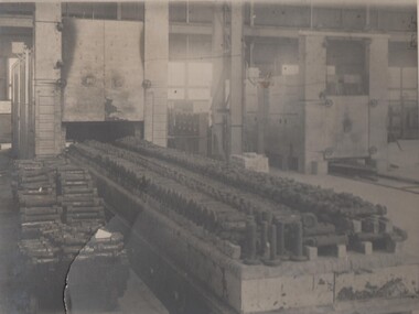 Photograph - BENDIGO ORDINANCE FACTORY COLLECTION: UPSET FORGINGS ON ELECTRIC BOGIE HEARTH FURNACE FOR NORMALIZING