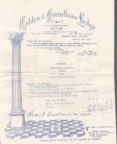 Document - EDWIN BUCKLAND COLLECTION: GOLDEN CORINTHIAN LODGE, 1957
