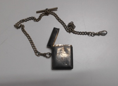 Ephemera - LYDIA CHANCELLOR COLLECTION: SILVER BOX ON GOLD CHAIN PRESENTED TO E A HOUGHTON FOR KEEPSAKES, 1914