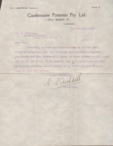 Certificate - LETTER FROM CASTLEMAINE POTTERIES PTY. LTD. TO MR R. WHITTING OFFERING HIM A POSITION, DATED 3RD DECEMBER 1920