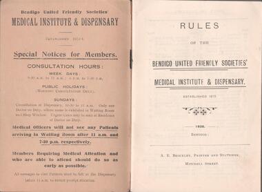 Booklet - JOHN TONKIN COLLECTION: RULES OF THE B.U.F.S. MEDICAL INSTITUTE & DISPENSARY