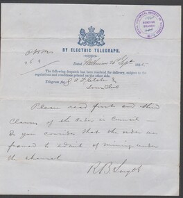 Document - ELECTRIC TELEGRAPH 1985 FROM R. BROUGH SMYTH (SECRETARY FOR MINES) TO G. A. FLETCHER TOWN CLERK, BENDIGO