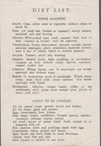 Document - EDWIN BUCKLAND COLLECTION: DIET LIST, FOODS ALLOWED/AVOIDED