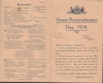 Programme - EAGLEHAWK STATE SCHOOL ANZAC REMEMBRANCE DAY 1918 COMMEMORATION PROGRAM, 1918