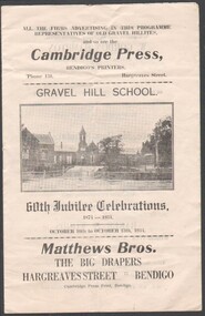 Programme - 60TH JUBILEE CELEBRATIONS 1874 - 1934 FOR GRAVEL HILL SCHOOL HELD 10 - 13TH OCTOBER 1934, 1934