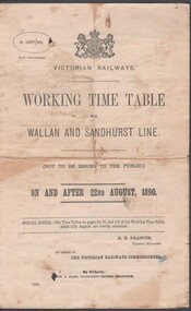 Document - VICTORIAN RAILWAYS WORKING TIMETABLE WALLAN AND SANDHURST LINE, 1890