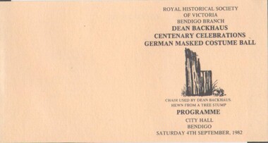 Ephemera - ROYAL HISTORICAL SOCIETY OF VICTORIA, BENDIGO BRANCH -GERMAN MASKED BALL - SATURDAY 4TH SEPTEMBER 1982