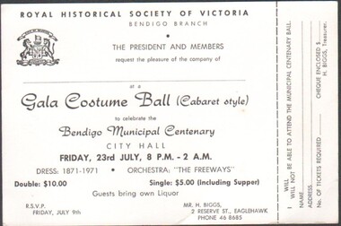 Ephemera - BENDIGO HISTORICAL SOCIETY - GALA COSTUME BALL - INVITATION - FRIDAY, 23RD JULY, 1971