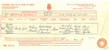 Certificate - HOSKING AND HUNKIN COLLECTION: BIRTH CERTIFICATE, 1854