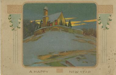 Postcard - POSTCARD. A HAPPY NEW YEAR.PHOTO OF A CHURCH ON A HILL