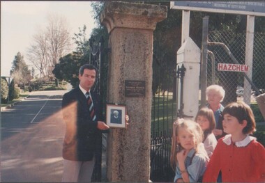 Photograph - EDITH LUNN COLLECTION:  CEREMONY OF PLACING A PLAQUE AT THE ENTRY GATES TO FORTUNA, IN HONOUR OF TOM PEARCE WHO MADE THE GATES