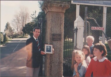 Photograph - EDITH LUNN COLLECTION:  CEREMONY OF PLACING A PLAQUE AT THE ENTRY GATES TO FORTUNA, IN HONOUR OF TOM PEARCE WHO MADE THE GATES, 9/9/1990