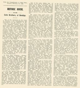 Document - COHN BROTHERS COLLECTION: COHN BROTHERS OF BENDIGO HISTORIC HOUSE INFORMATION SHEET 2 COPIES, Unknown