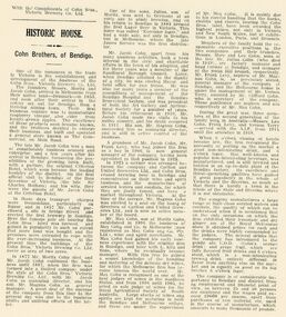 Document - COHN BROTHERS COLLECTION: COHN BROTHERS OF BENDIGO HISTORIC HOUSE, Unknown