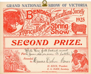Award - COHN BROTHERS COLLECTION: GRAND NATIONAL SHOW OF VICTORIA BENDIGO AGRICULTURAL AND HORTICULTURAL SOCIETY 1925 SECOND PRIZE, 1925