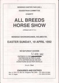 Document - BENDIGO EASTER FAIR COLLECTION: ALL BREEDS HORSE SHOW 1992