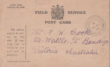 Document - FIELD SERVICE POST CARD ADDRESSED F.W. COOK
