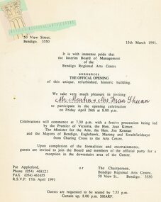 Document - SHEEAN COLLECTION: INVITATION TO OPENING OF THE BENDIGO REGIONAL ARTS CENTRE APRIL 26 1991, 1991