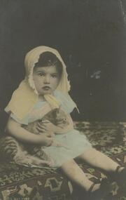 Postcard - POSTCARD. PHOTO OF SMALL CHILD WEARING HEAD SCARF AND CUDDLING A CAT