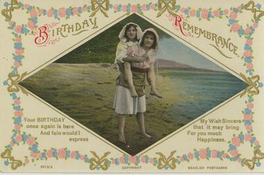 Postcard - POSTCARD WITH OF GIRL PIGGYBACKING ANOTHER. BIRTHDAY REMEMBRANCE, 1917