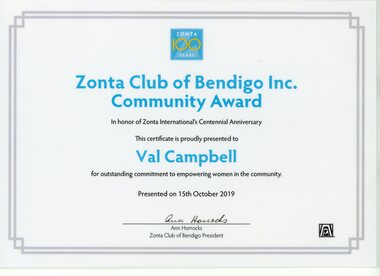 Document - VAL CAMPBELL COLLECTION: COMMUNITY AWARD TO VAL CAMPBELL FROM THE BENDIGO ZONTA CLUB, 2019