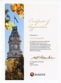 Document - VAL CAMPBELL COLLECTION: CERTIFICATE OF APPRECIATION TO VAL CAMPBELL FROM THE CITY OF GREATER BENDIGO 2018, 2018