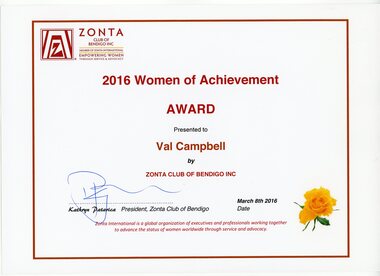 Document - VAL CAMPBELL COLLECTION: CERTIFICATE 2016 ZONTA CLUB WOMEN OF ACHIEVEMENT AWARD FOR VAL CAMPBELL, 2016